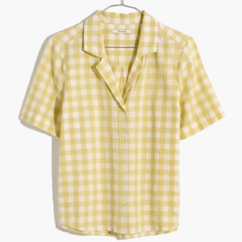 Madewell Yellow and White Ginham Check Button Down Shirt with Notched Collar L